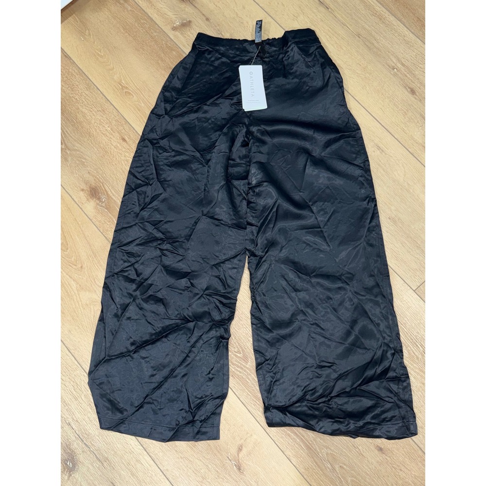Athleta Calm Cool Pant Black Satin Wide Leg Cropped Trousers SP